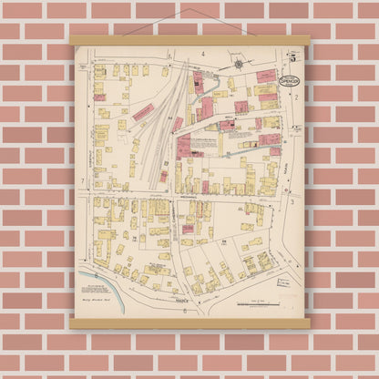 Old map wall art mockup — magnetic wood frame on brick wall — Sanborn Fire Insurance Map from Spencer, Worcester County, Massachusetts (1922), Sheet #0005