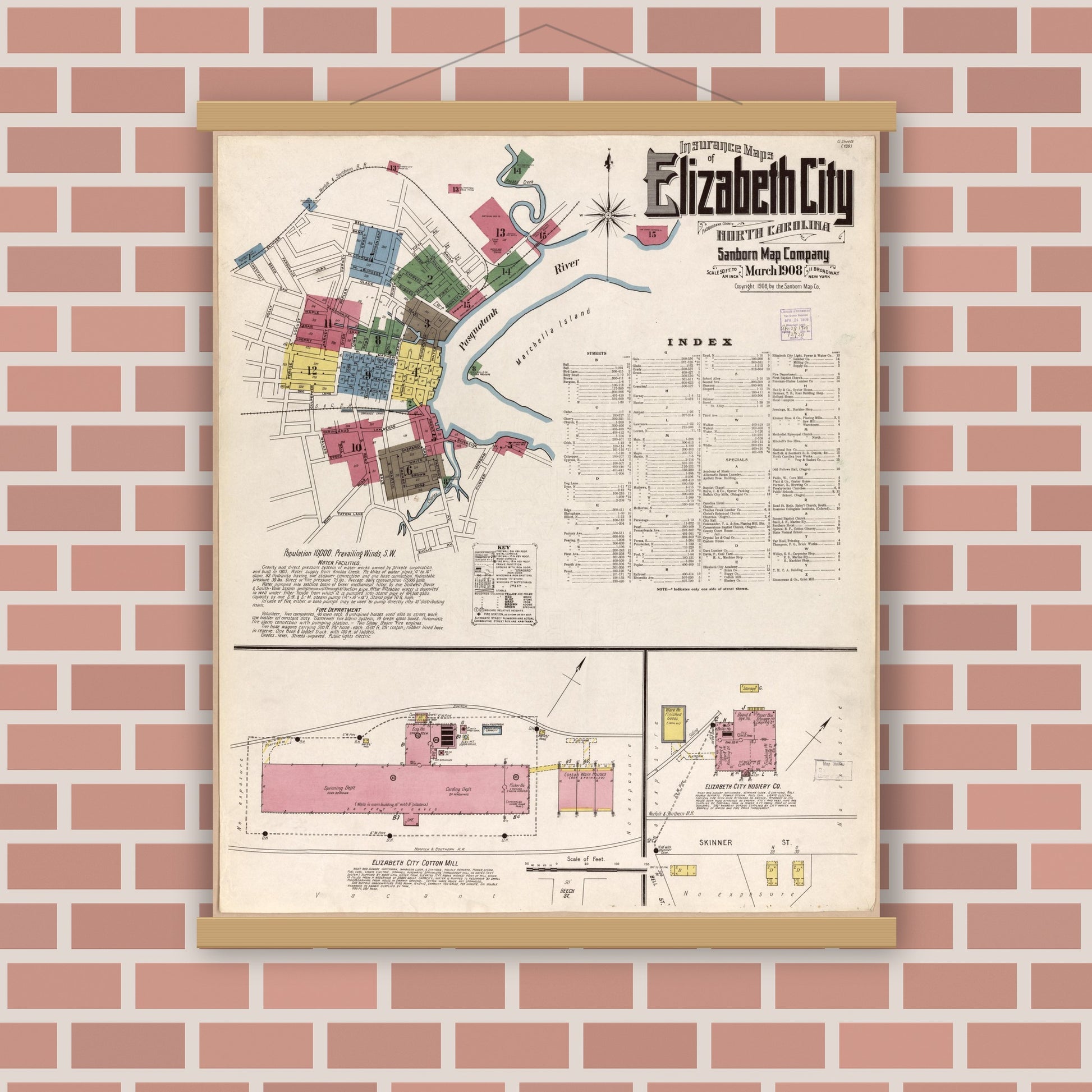 Old map wall art mockup — magnetic wood frame on brick wall — Sanborn Fire Insurance Map from Elizabeth City, Pasquotank County, North Carolina (1908), Sheet #0001