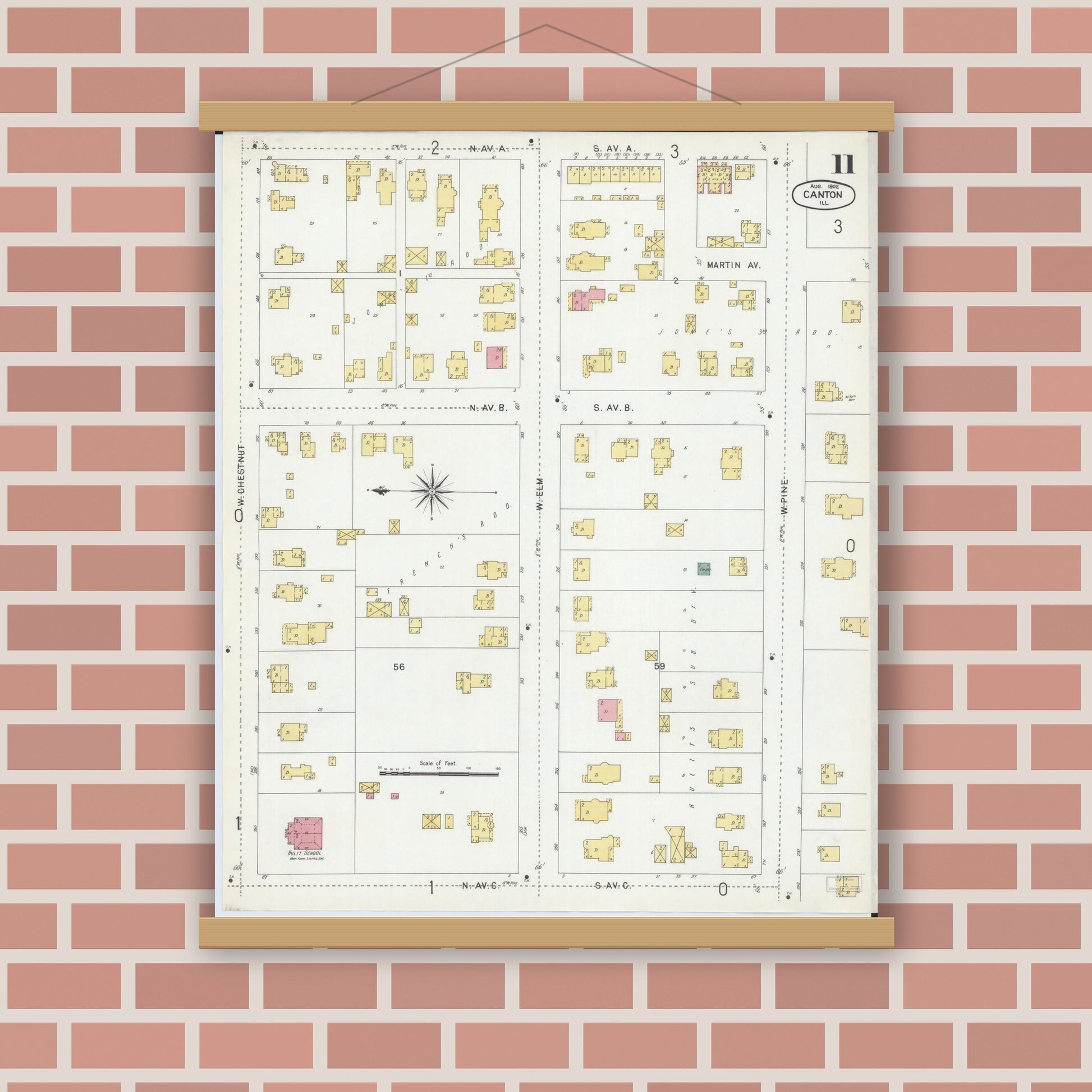 Old map wall art mockup — magnetic wood frame on brick wall — Sanborn Fire Insurance Map from Canton, Fulton County, Illinois (1902), Sheet #0011