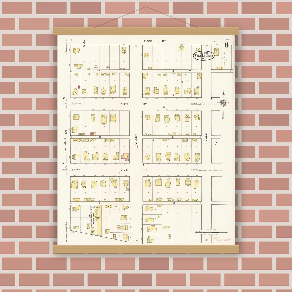 Old map wall art mockup — magnetic wood frame on brick wall — Sanborn Fire Insurance Map from West Liberty, Muscatine County, Iowa (1922), Sheet #0006