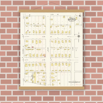 Old map wall art mockup — magnetic wood frame on brick wall — Sanborn Fire Insurance Map from West Liberty, Muscatine County, Iowa (1922), Sheet #0006