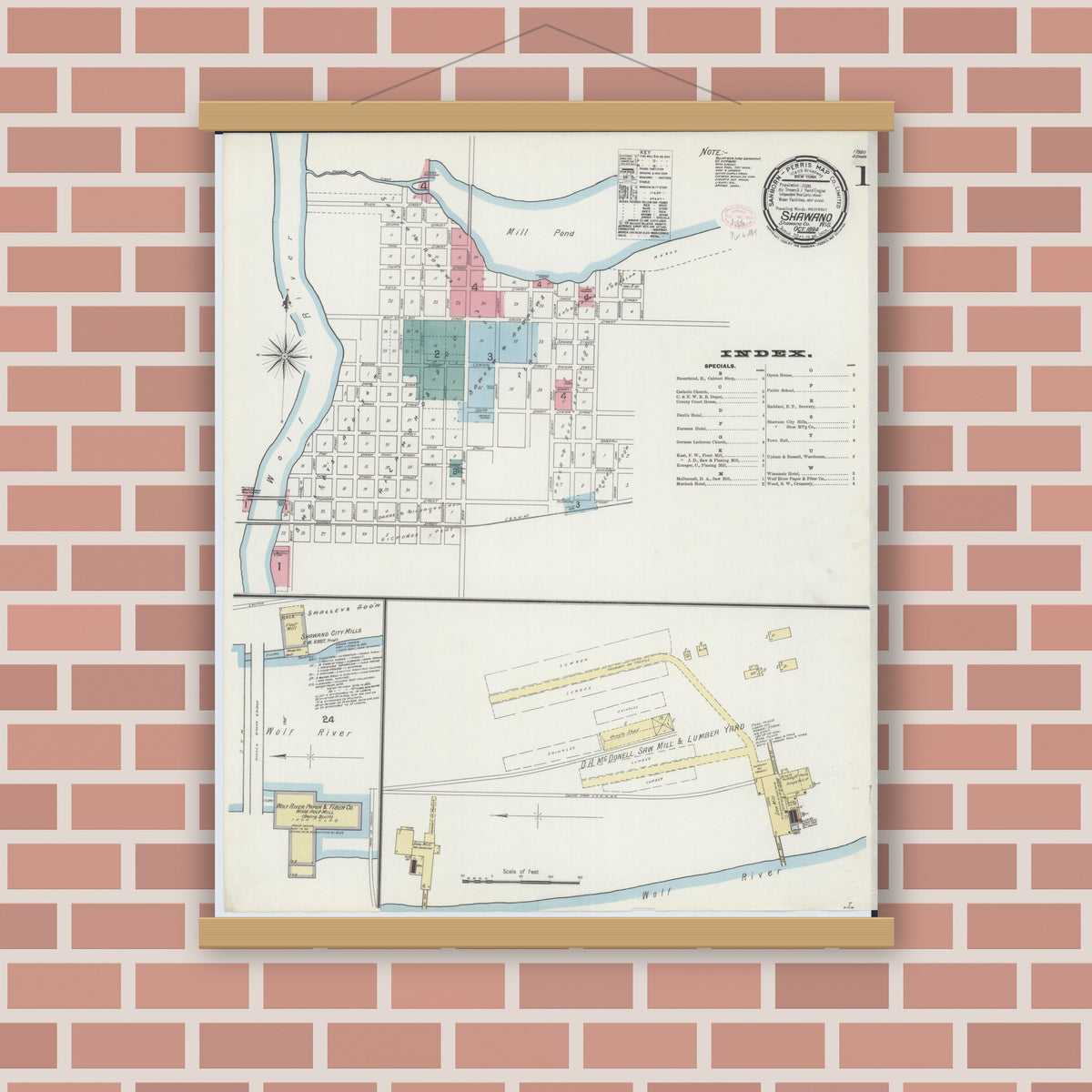 Old map wall art mockup — magnetic wood frame on brick wall — Sanborn Fire Insurance Map from Shawano, Shawano County, Wisconsin (1894) - Complete Map Set