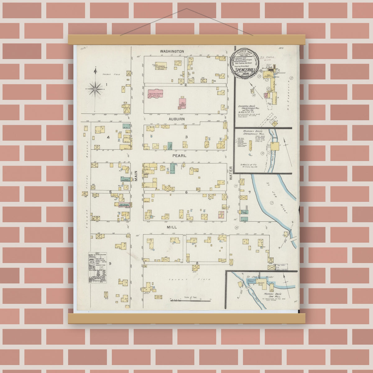 Old map wall art mockup — magnetic wood frame on brick wall — Sanborn Fire Insurance Map from Spencerville, De Kalb County, Indiana (1892), Sheet #0001