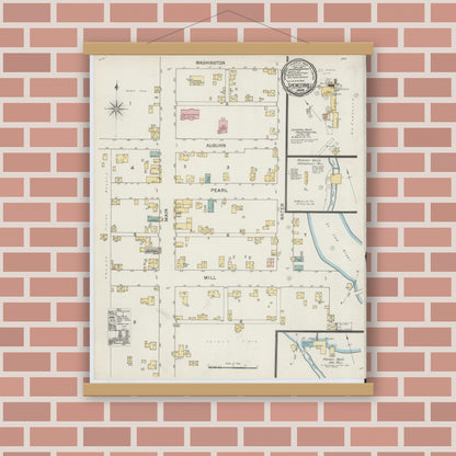 Old map wall art mockup — magnetic wood frame on brick wall — Sanborn Fire Insurance Map from Spencerville, De Kalb County, Indiana (1892), Sheet #0001