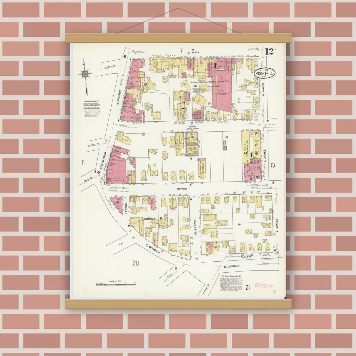 Old map wall art mockup — magnetic wood frame on brick wall — Sanborn Fire Insurance Map from Peekskill, Westchester County, New York (1911), Sheet #0012
