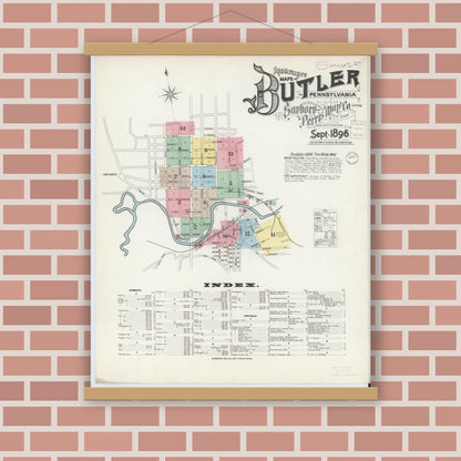 Old map wall art mockup — magnetic wood frame on brick wall — Sanborn Fire Insurance Map from Butler, Butler County, Pennsylvania (1896) - Complete Map Set