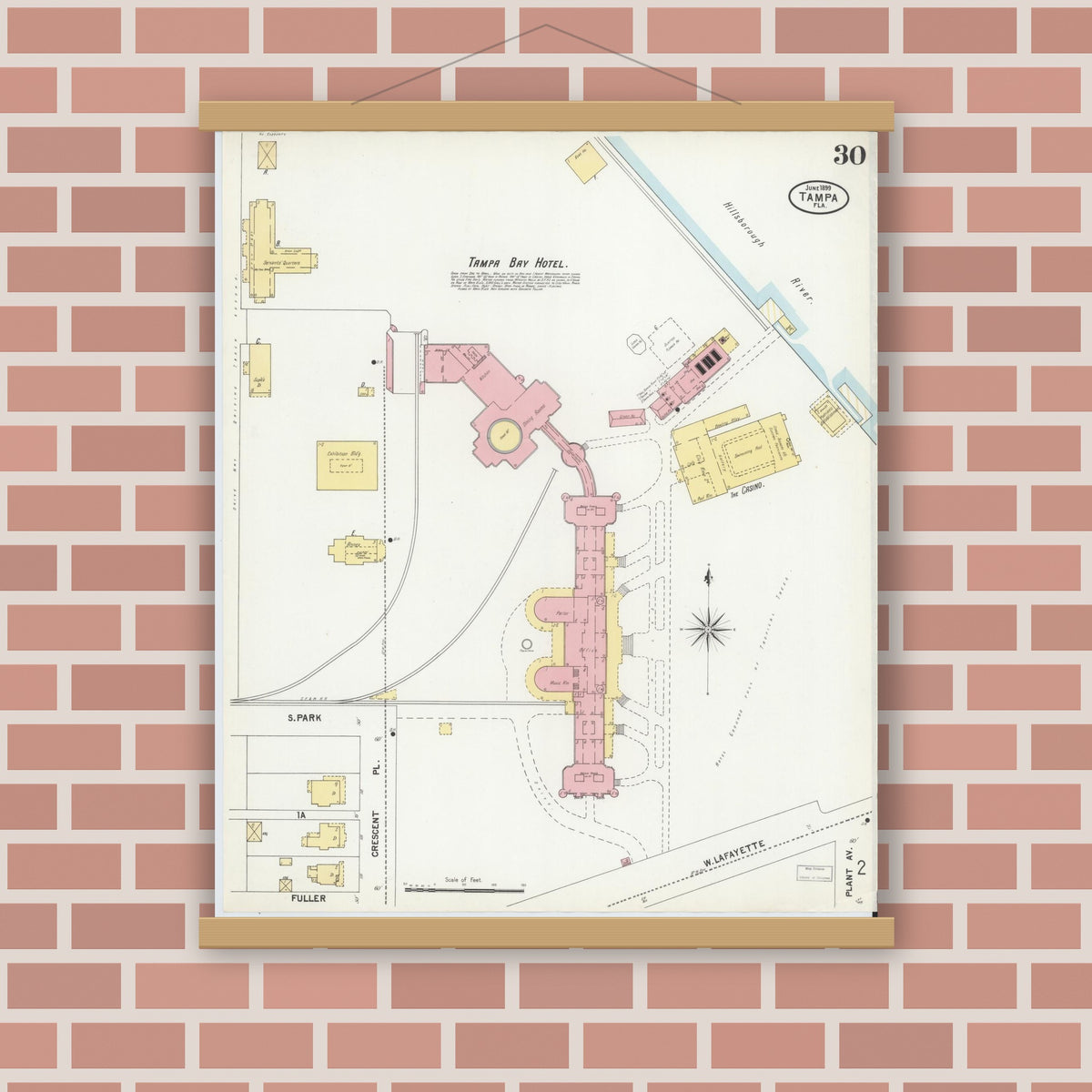 Old map wall art mockup — magnetic wood frame on brick wall — Sanborn Fire Insurance Map from Tampa, Hillsborough County, Florida (1899), Sheet #0030