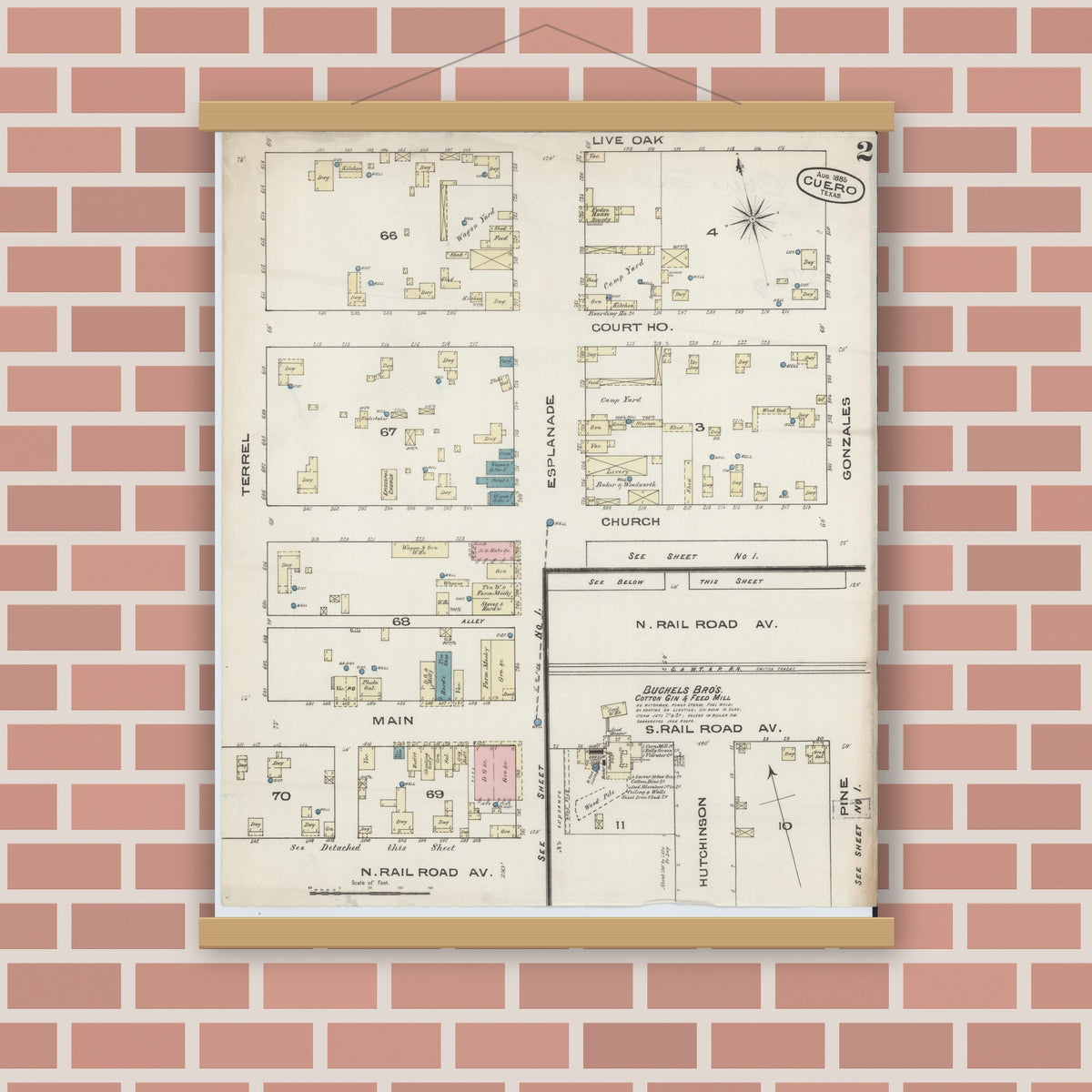 Old map wall art mockup — magnetic wood frame on brick wall — Sanborn Fire Insurance Map from Cuero, De Witt County, Texas (1885), Sheet #0002
