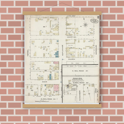 Old map wall art mockup — magnetic wood frame on brick wall — Sanborn Fire Insurance Map from Cuero, De Witt County, Texas (1885), Sheet #0002