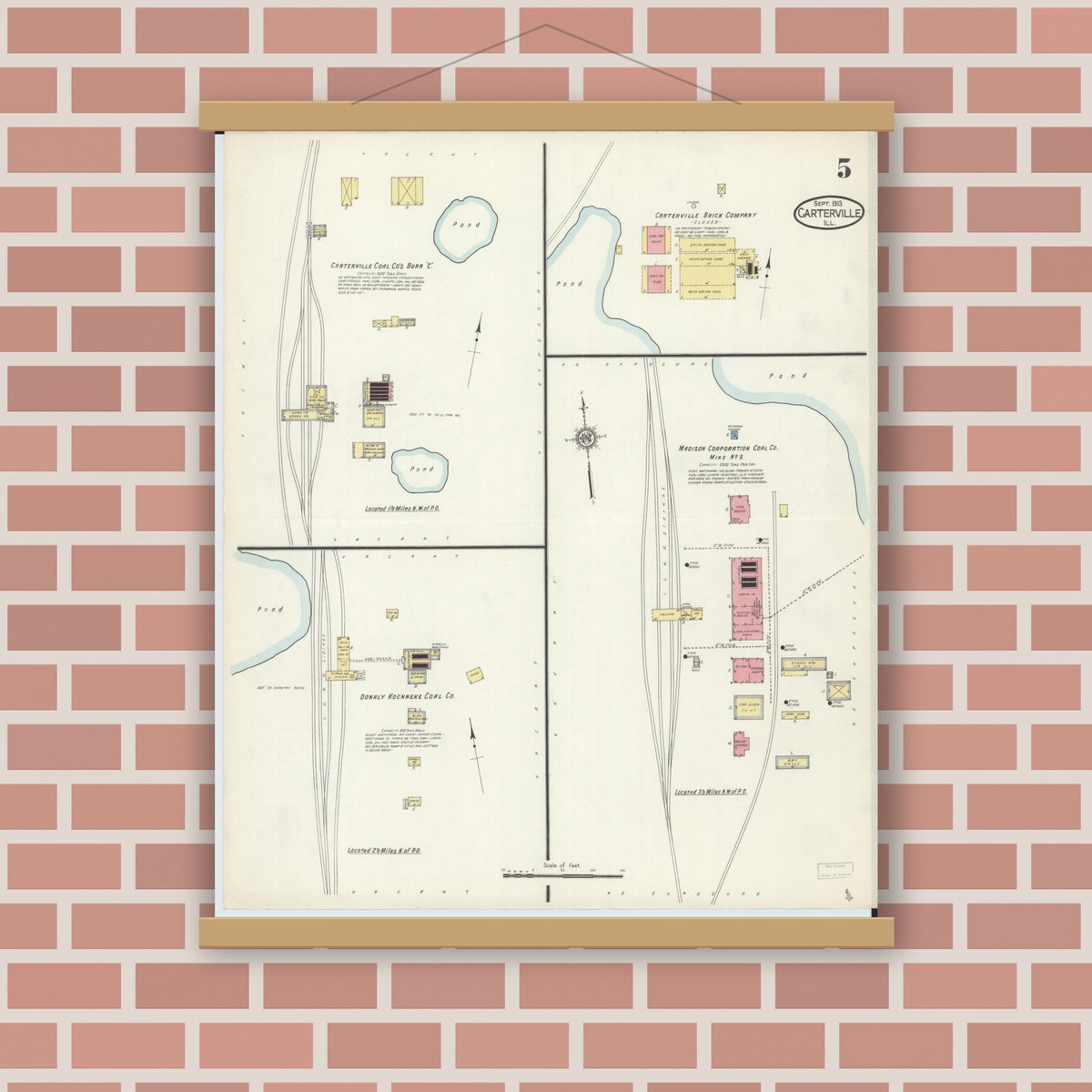 Old map wall art mockup — magnetic wood frame on brick wall — Sanborn Fire Insurance Map from Carterville, Williamson County, Illinois (1913), Sheet #0005