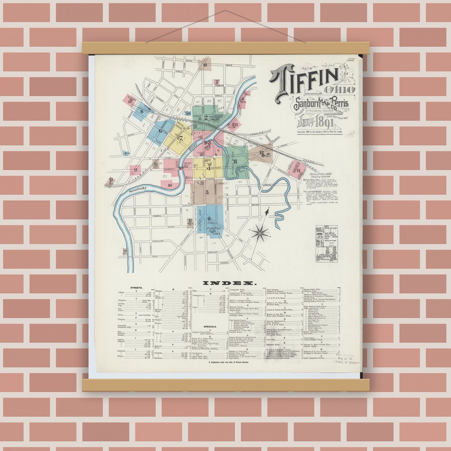 Old map wall art mockup — magnetic wood frame on brick wall — Sanborn Fire Insurance Map from Tiffin, Seneca County, Ohio (1891), Sheet #0001