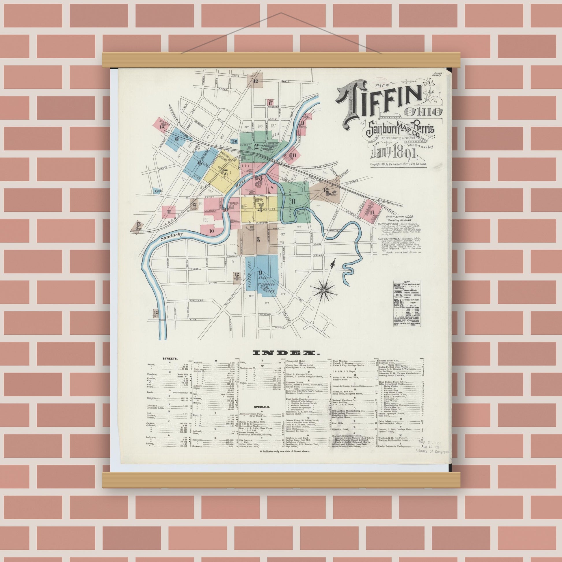 Old map wall art mockup — magnetic wood frame on brick wall — Sanborn Fire Insurance Map from Tiffin, Seneca County, Ohio (1891), Sheet #0001
