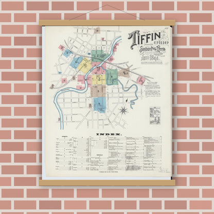 Old map wall art mockup — magnetic wood frame on brick wall — Sanborn Fire Insurance Map from Tiffin, Seneca County, Ohio (1891), Sheet #0001