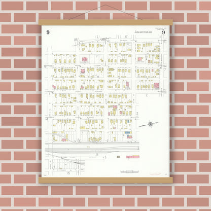 Old map wall art mockup — magnetic wood frame on brick wall — Sanborn Fire Insurance Map from Centralia, Marion, Clinton, Jefferson, and Washington Counties, Illinois (1938), Sheet #0009