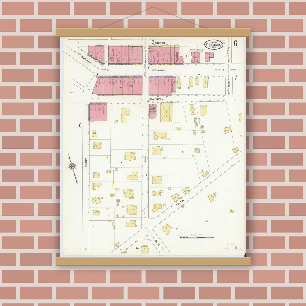 Old map wall art mockup — magnetic wood frame on brick wall — Sanborn Fire Insurance Map from Pittsburg, Camp County, Texas (1911), Sheet #0006