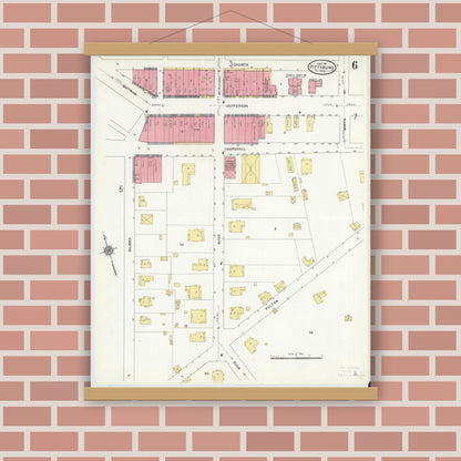 Old map wall art mockup — magnetic wood frame on brick wall — Sanborn Fire Insurance Map from Pittsburg, Camp County, Texas (1911), Sheet #0006