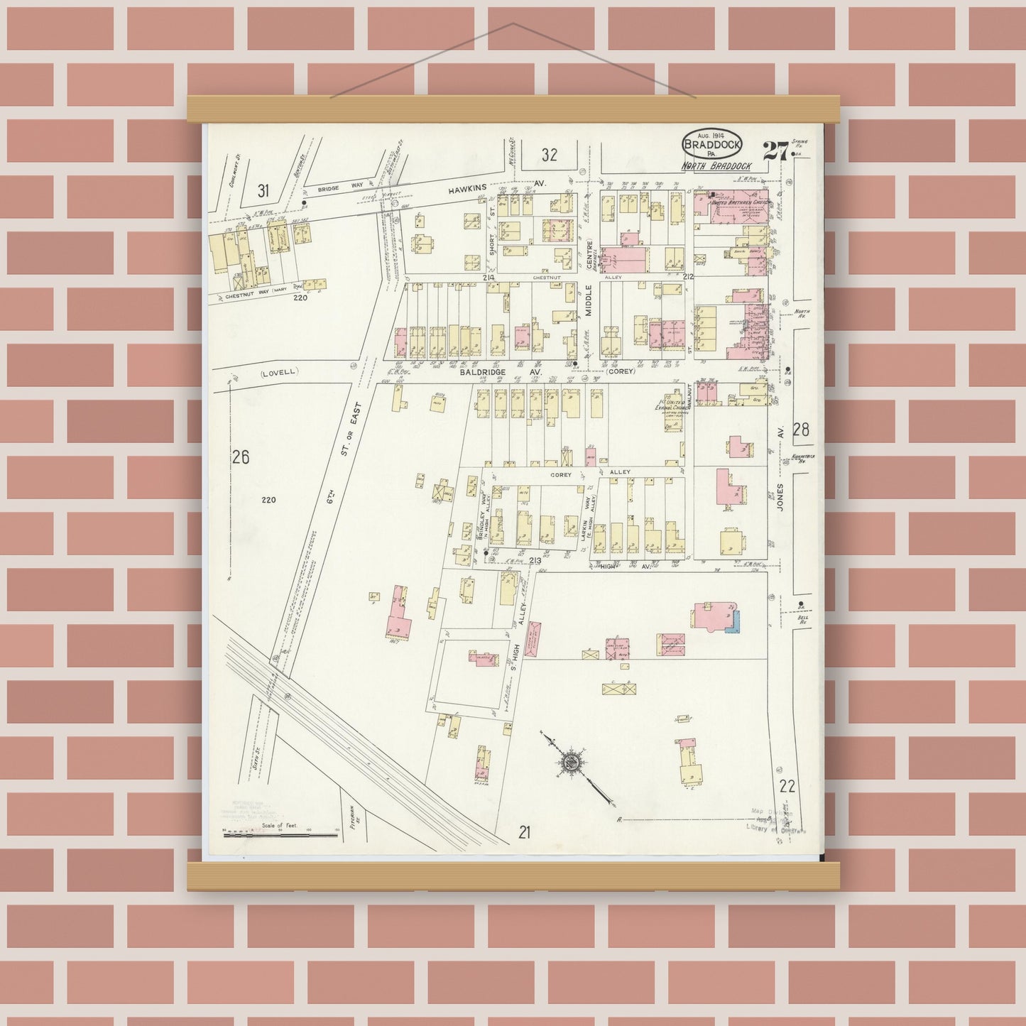 Old map wall art mockup — magnetic wood frame on brick wall — Sanborn Fire Insurance Map from Braddock, Allegheny County, Pennsylvania (1914), Sheet #0027