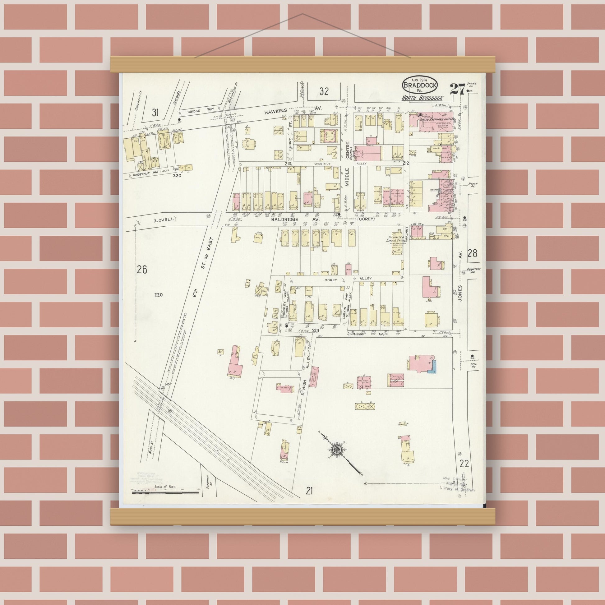 Old map wall art mockup — magnetic wood frame on brick wall — Sanborn Fire Insurance Map from Braddock, Allegheny County, Pennsylvania (1914), Sheet #0027