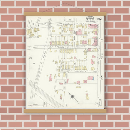 Old map wall art mockup — magnetic wood frame on brick wall — Sanborn Fire Insurance Map from Braddock, Allegheny County, Pennsylvania (1914), Sheet #0027