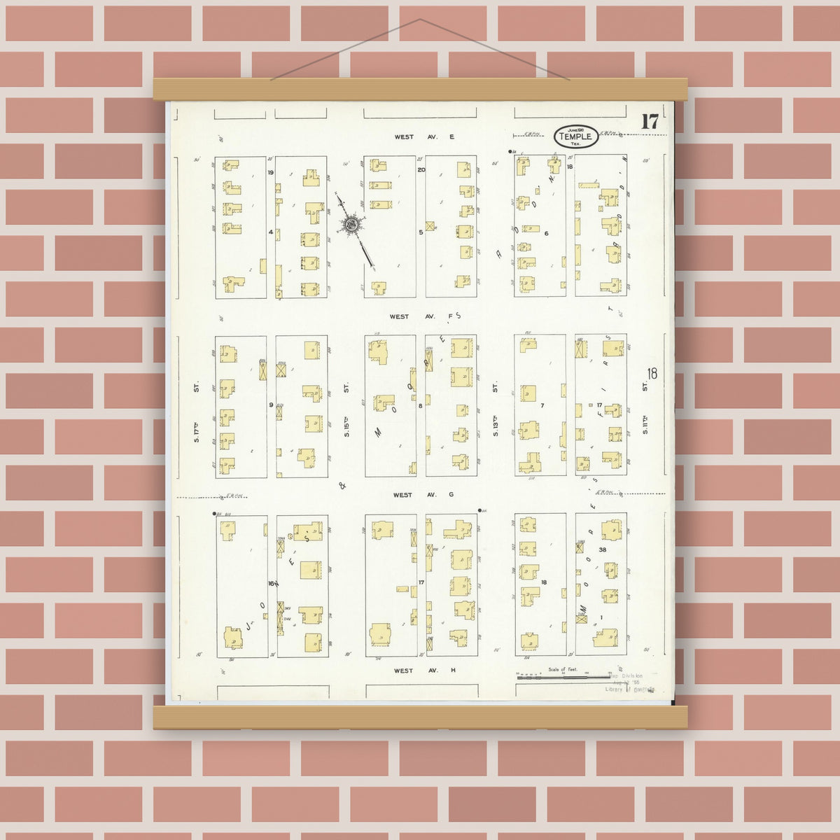 Old map wall art mockup — magnetic wood frame on brick wall — Sanborn Fire Insurance Map from Temple, Bell County, Texas (1910), Sheet #0017