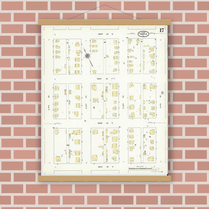 Old map wall art mockup — magnetic wood frame on brick wall — Sanborn Fire Insurance Map from Temple, Bell County, Texas (1910), Sheet #0017