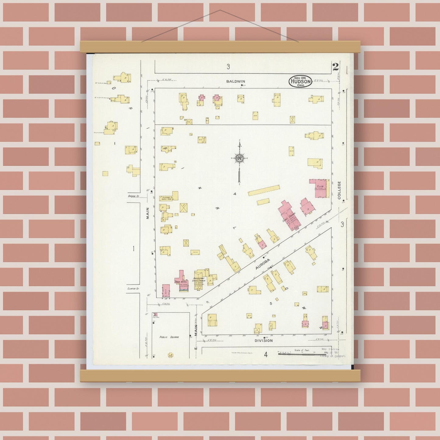 Old map wall art mockup — magnetic wood frame on brick wall — Sanborn Fire Insurance Map from Hudson, Summit County, Ohio (1916), Sheet #0002