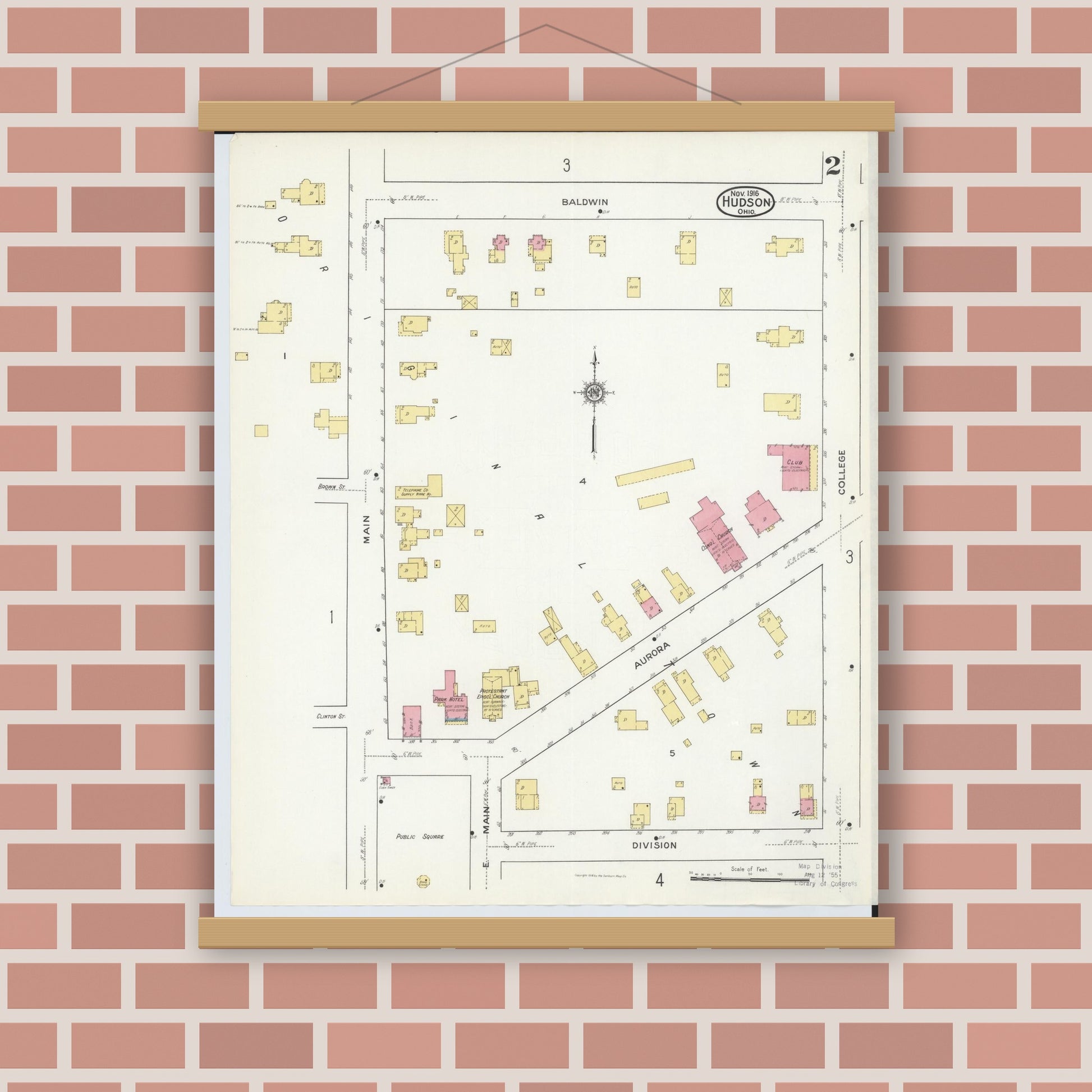Old map wall art mockup — magnetic wood frame on brick wall — Sanborn Fire Insurance Map from Hudson, Summit County, Ohio (1916), Sheet #0002