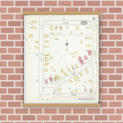 Old map wall art mockup — magnetic wood frame on brick wall — Sanborn Fire Insurance Map from Hudson, Summit County, Ohio (1916), Sheet #0002