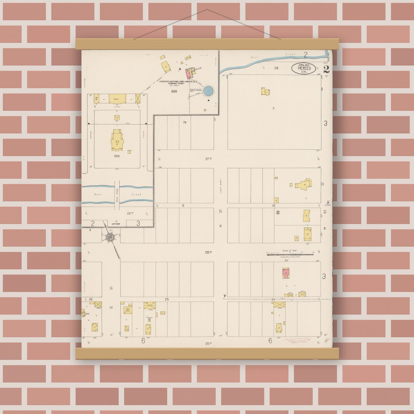 Old map wall art mockup — magnetic wood frame on brick wall — Sanborn Fire Insurance Map from Merced, Merced County, California (1922), Sheet #0002