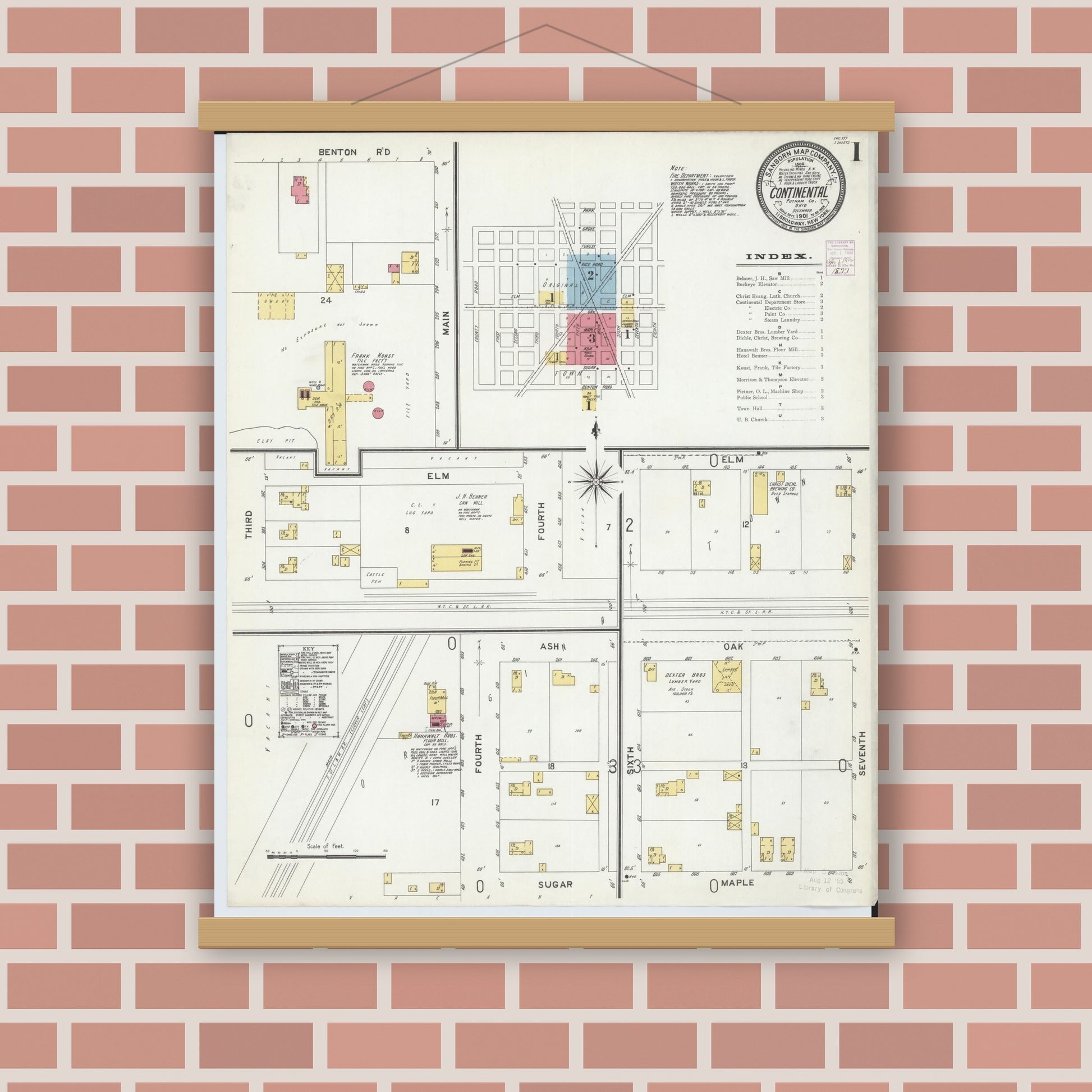 Old map wall art mockup — magnetic wood frame on brick wall — Sanborn Fire Insurance Map from Continental, Putnam County, Ohio (1901) - Complete Map Set