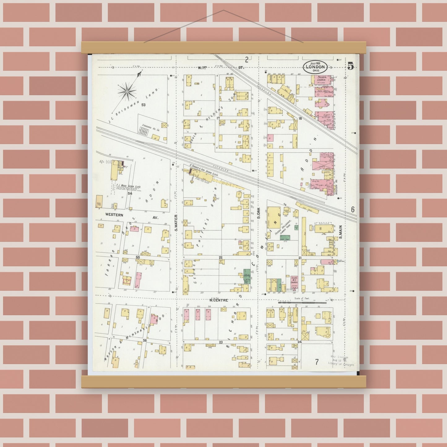 Old map wall art mockup — magnetic wood frame on brick wall — Sanborn Fire Insurance Map from London, Madison County, Ohio (1901), Sheet #0005