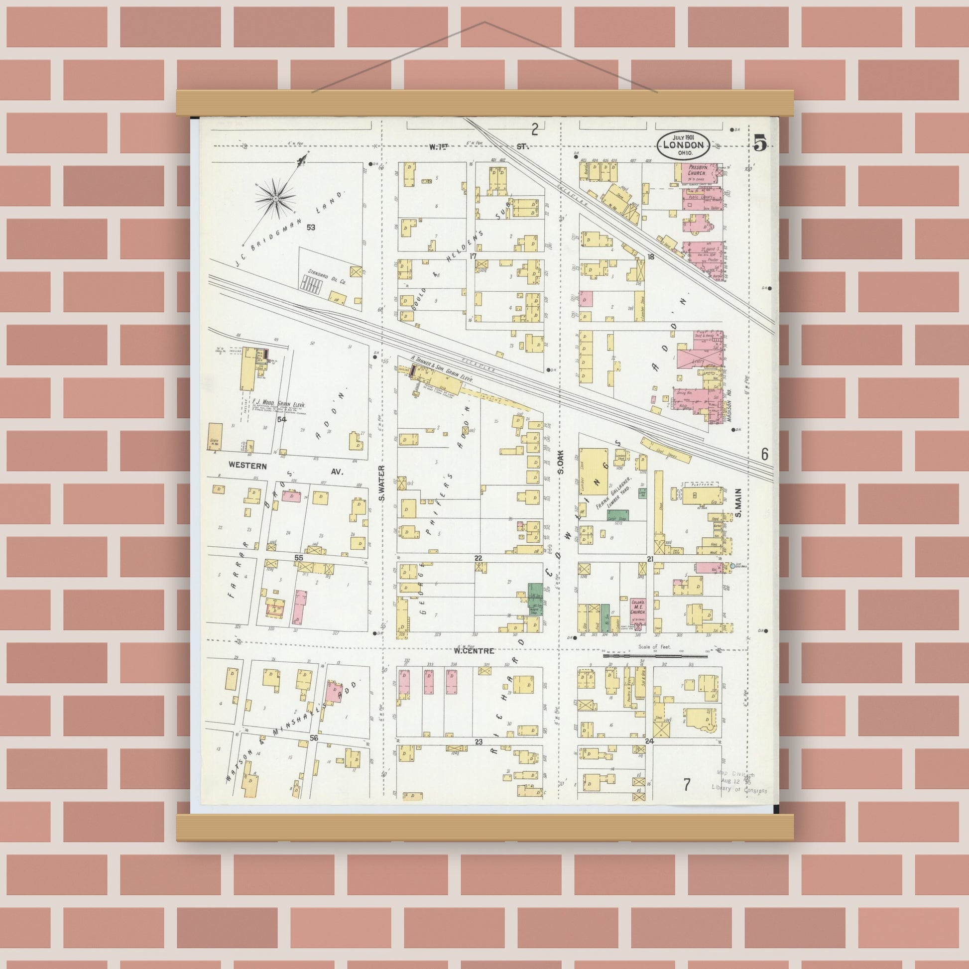 Old map wall art mockup — magnetic wood frame on brick wall — Sanborn Fire Insurance Map from London, Madison County, Ohio (1901), Sheet #0005