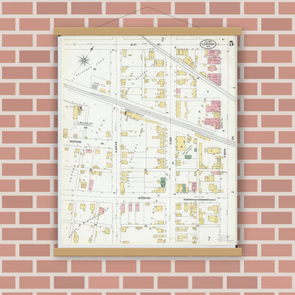 Old map wall art mockup — magnetic wood frame on brick wall — Sanborn Fire Insurance Map from London, Madison County, Ohio (1901), Sheet #0005