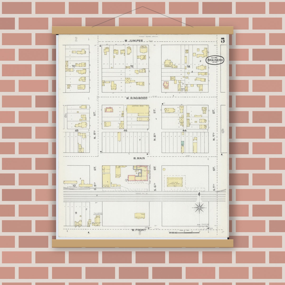 Old map wall art mockup — magnetic wood frame on brick wall — Sanborn Fire Insurance Map from Brainerd, Crow Wing County, Minnesota (1892), Sheet #0005