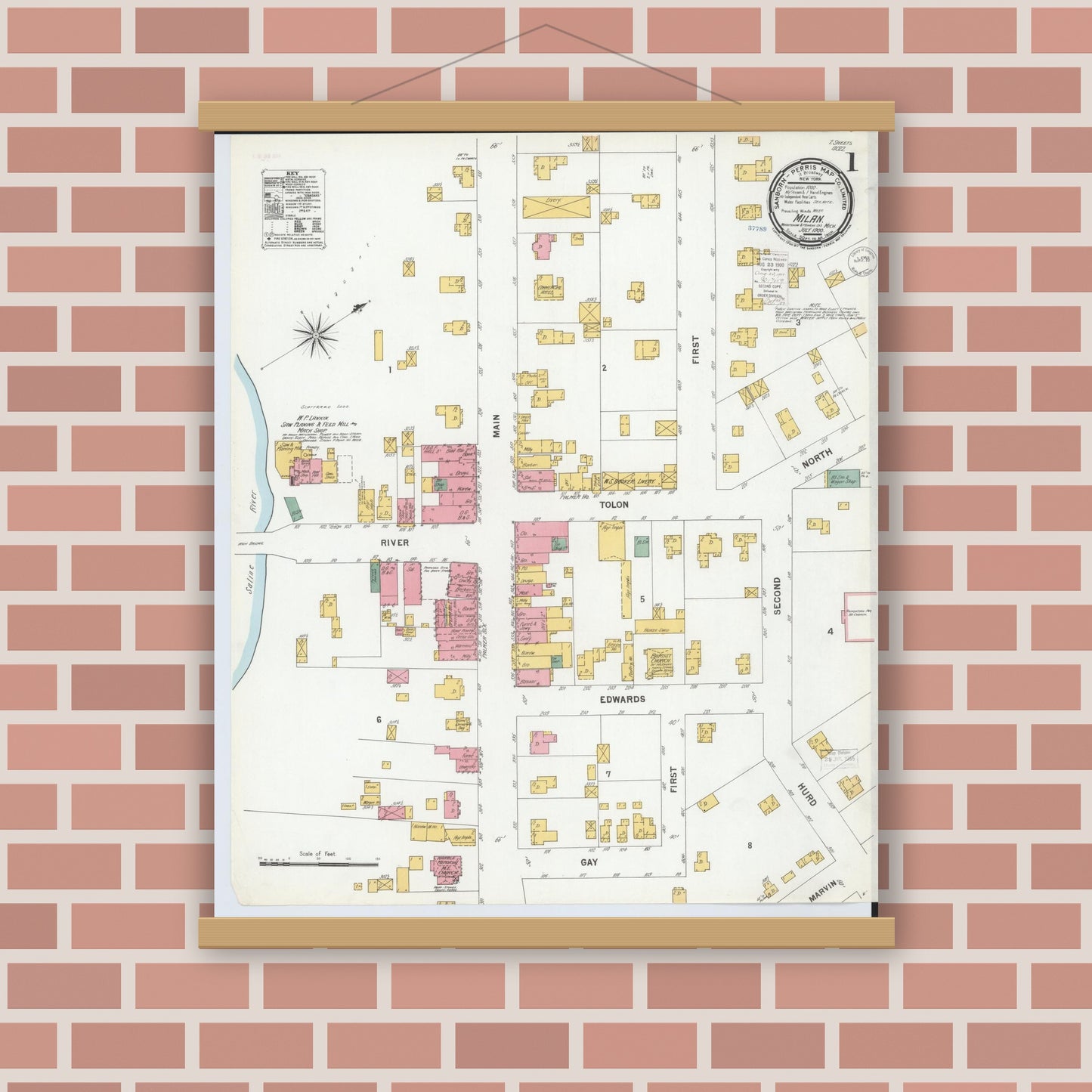 Old map wall art mockup — magnetic wood frame on brick wall — Sanborn Fire Insurance Map from Milan, Washtenaw And Monroe Counties, Michigan (1900) - Complete Map Set