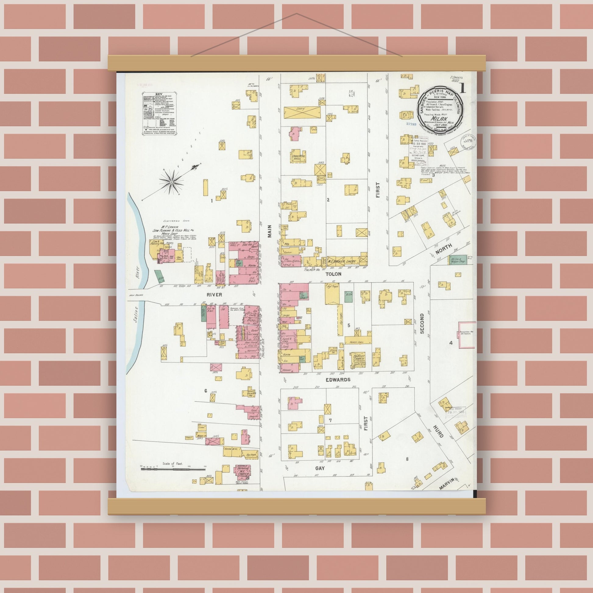 Old map wall art mockup — magnetic wood frame on brick wall — Sanborn Fire Insurance Map from Milan, Washtenaw And Monroe Counties, Michigan (1900) - Complete Map Set