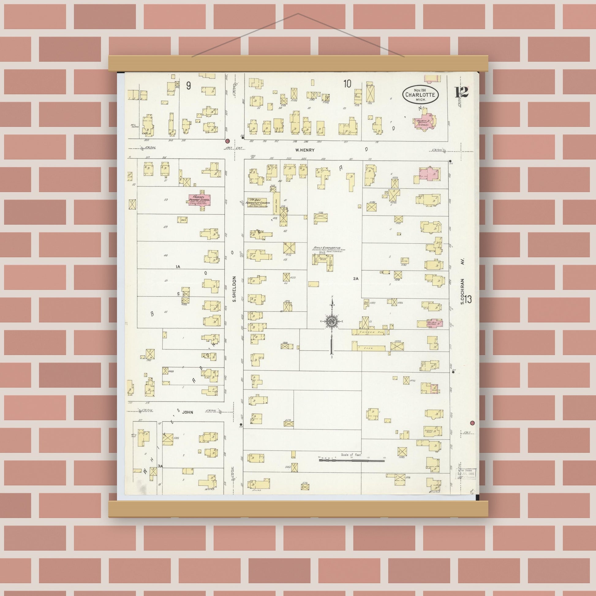 Old map wall art mockup — magnetic wood frame on brick wall — Sanborn Fire Insurance Map from Charlotte, Eaton County, Michigan (1911), Sheet #0012