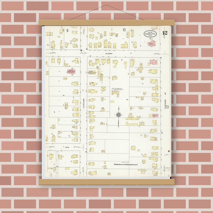 Old map wall art mockup — magnetic wood frame on brick wall — Sanborn Fire Insurance Map from Charlotte, Eaton County, Michigan (1911), Sheet #0012