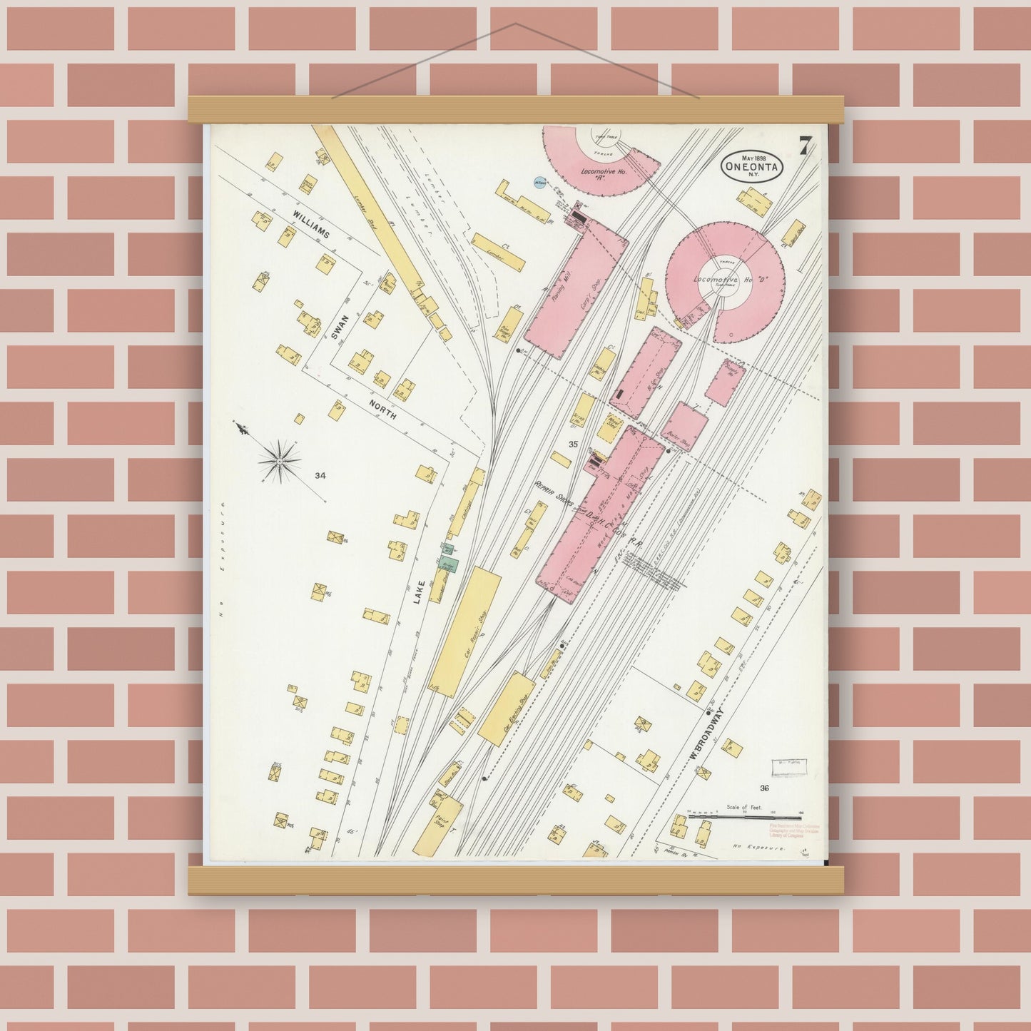 Old map wall art mockup — magnetic wood frame on brick wall — Sanborn Fire Insurance Map from Oneonta, Otsego County, New York (1898), Sheet #0007