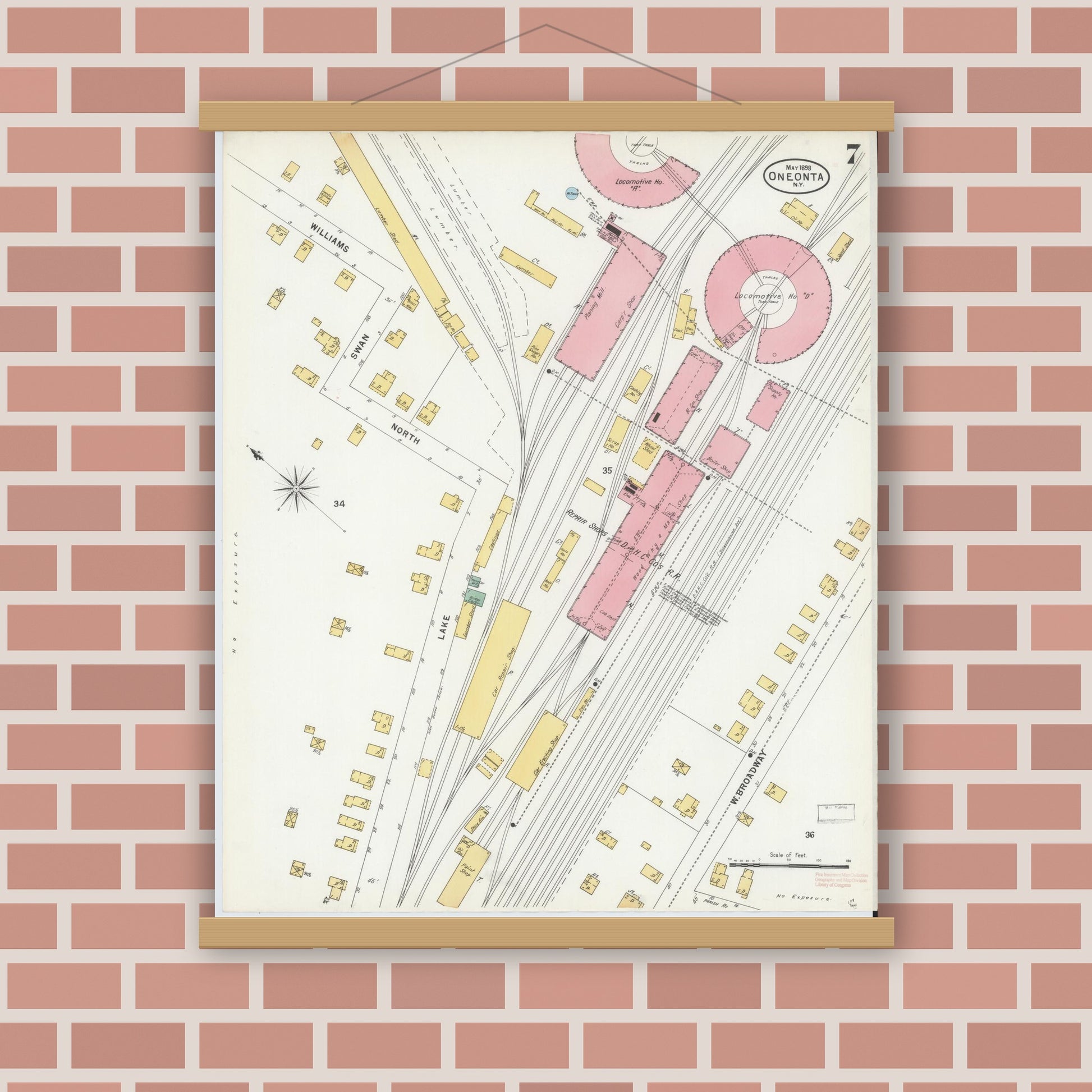 Old map wall art mockup — magnetic wood frame on brick wall — Sanborn Fire Insurance Map from Oneonta, Otsego County, New York (1898), Sheet #0007