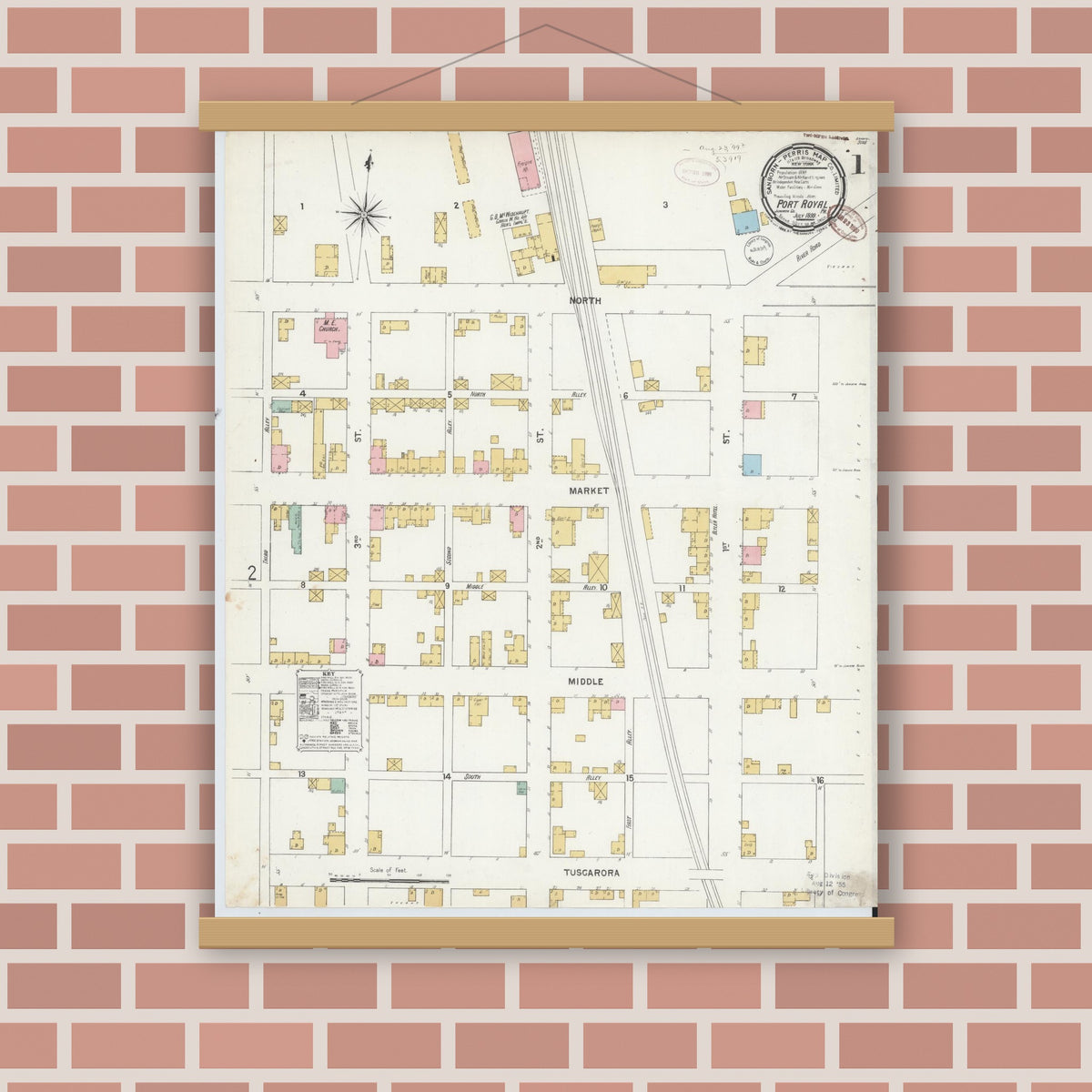 Old map wall art mockup — magnetic wood frame on brick wall — Sanborn Fire Insurance Map from Port Royal, Juniata County, Pennsylvania (1899) - Complete Map Set