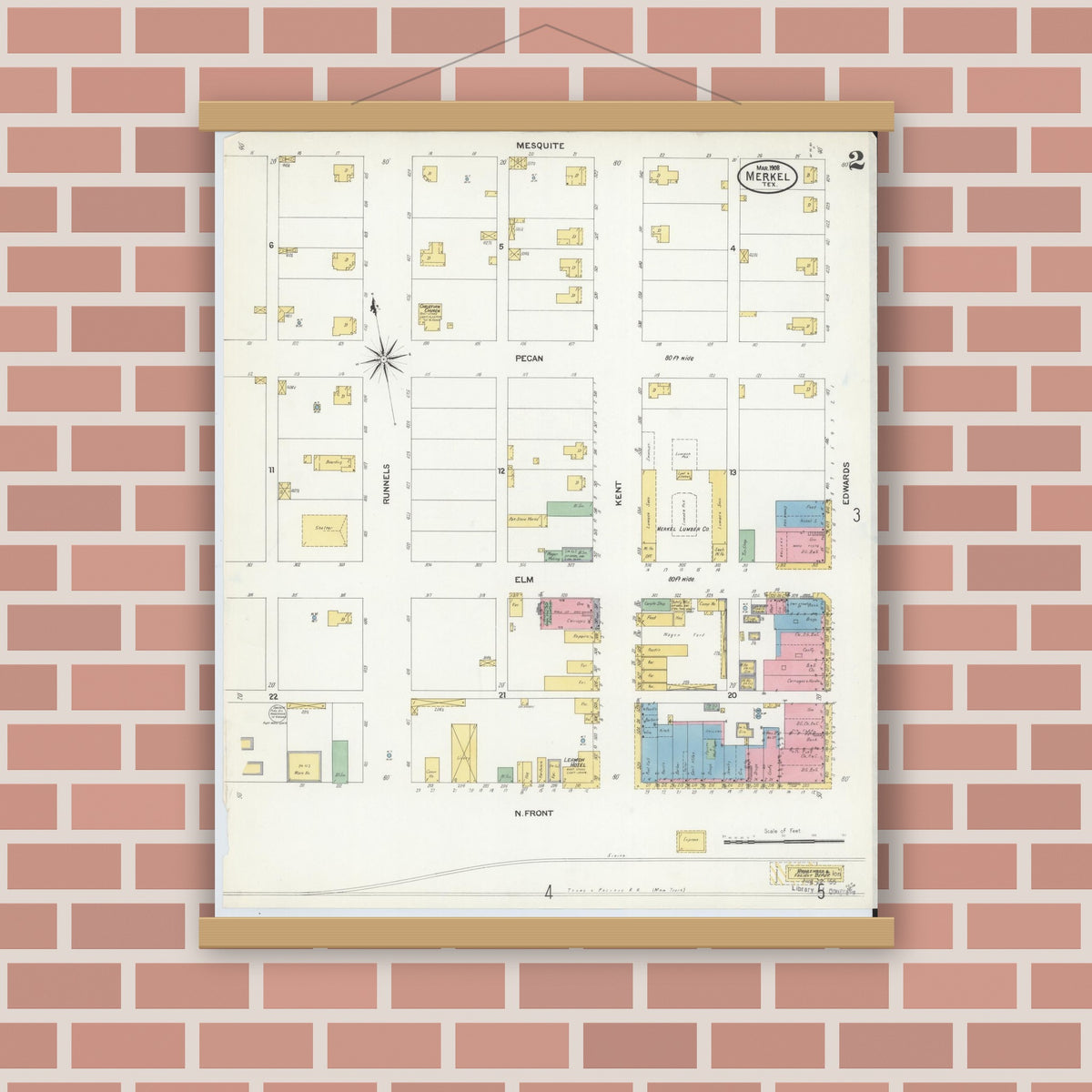 Old map wall art mockup — magnetic wood frame on brick wall — Sanborn Fire Insurance Map from Merkel, Taylor County, Texas (1908), Sheet #0002