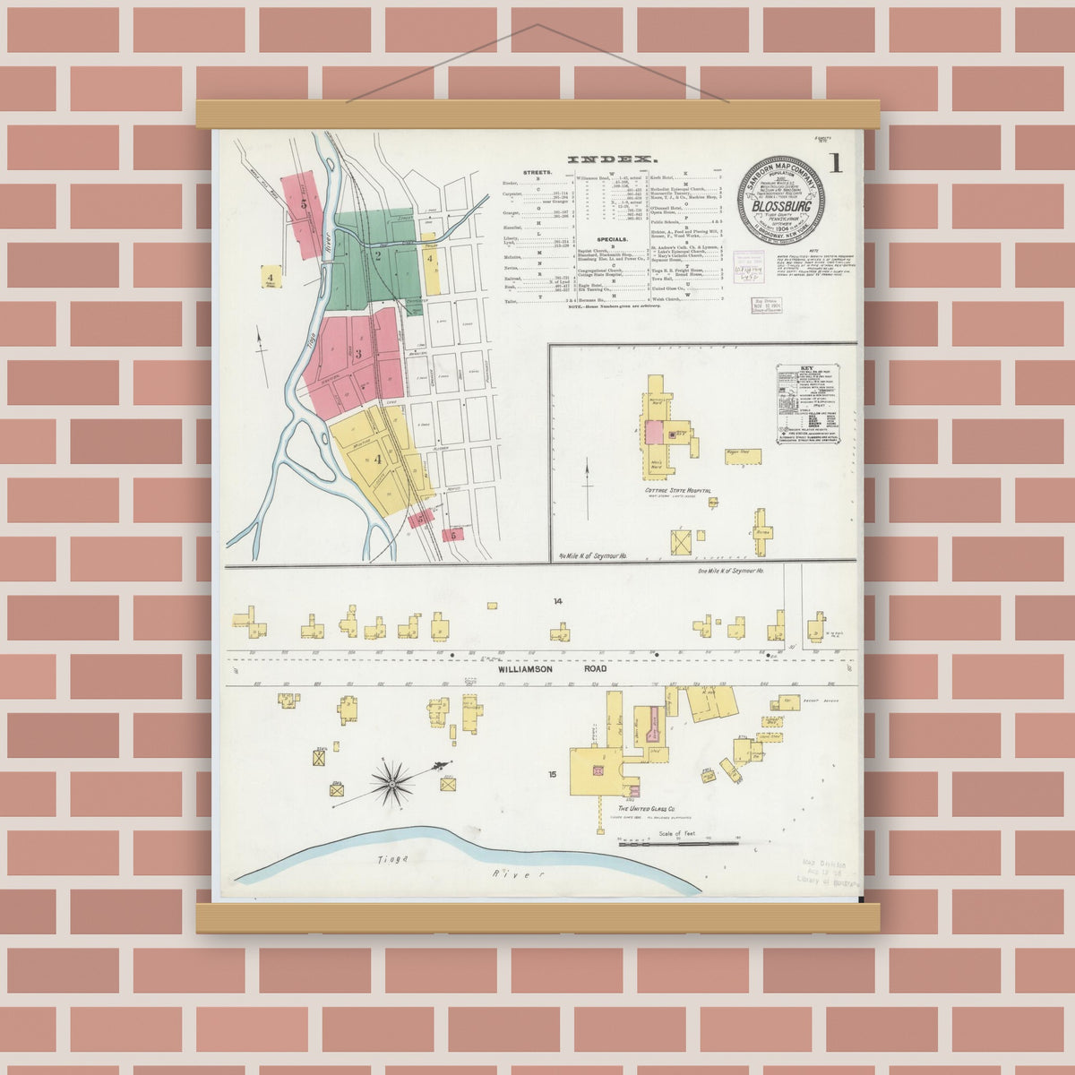 Old map wall art mockup — magnetic wood frame on brick wall — Sanborn Fire Insurance Map from Blossburg, Tioga County, Pennsylvania (1904) - Complete Map Set