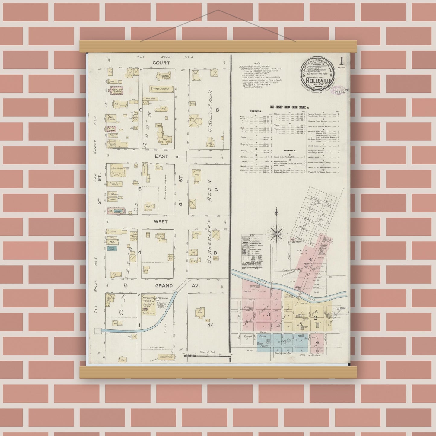 Old map wall art mockup — magnetic wood frame on brick wall — Sanborn Fire Insurance Map from Neillsville, Clark County, Wisconsin (1887), Sheet #0001