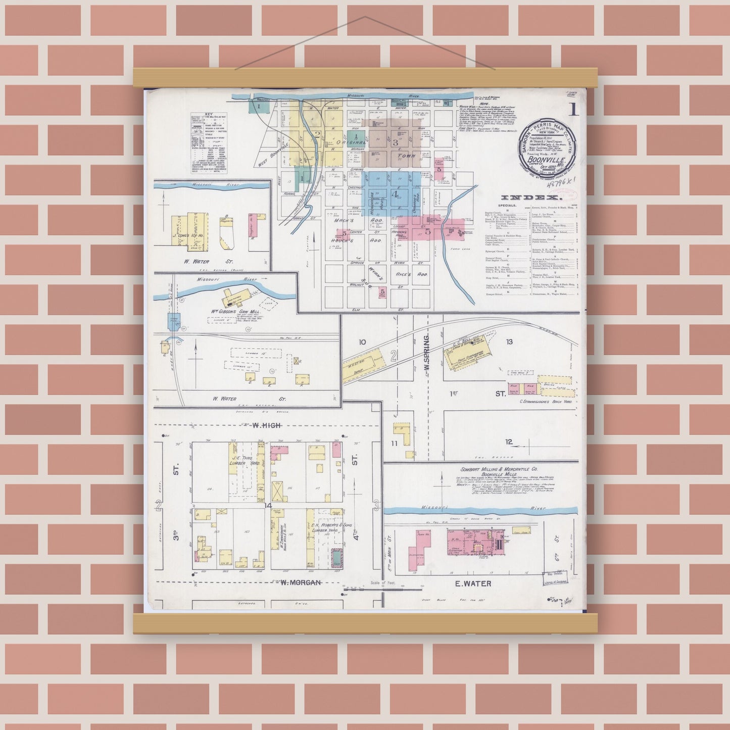 Old map wall art mockup — magnetic wood frame on brick wall — Sanborn Fire Insurance Map from Boonville, Cooper County, Missouri (1892) - Complete Map Set