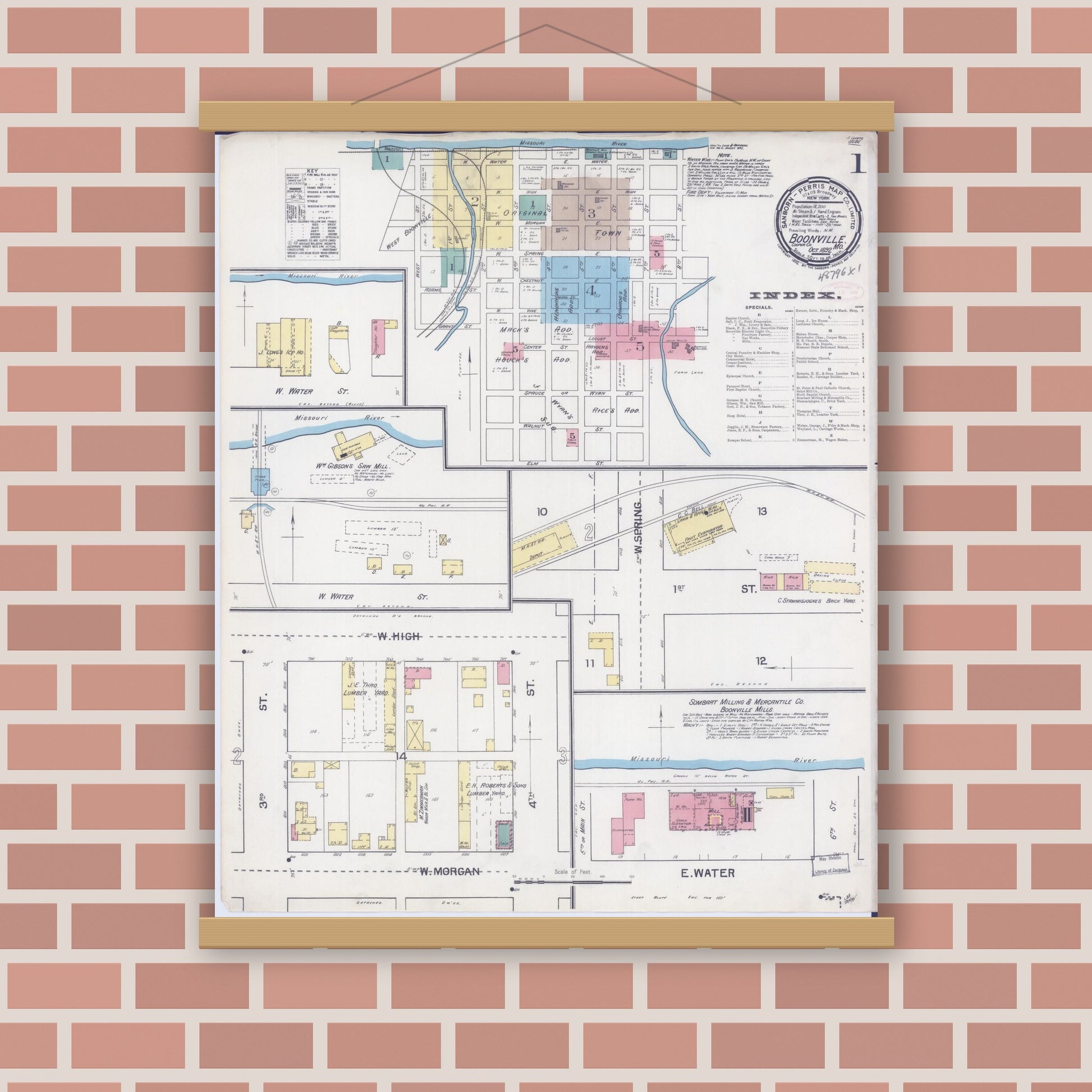 Old map wall art mockup — magnetic wood frame on brick wall — Sanborn Fire Insurance Map from Boonville, Cooper County, Missouri (1892) - Complete Map Set