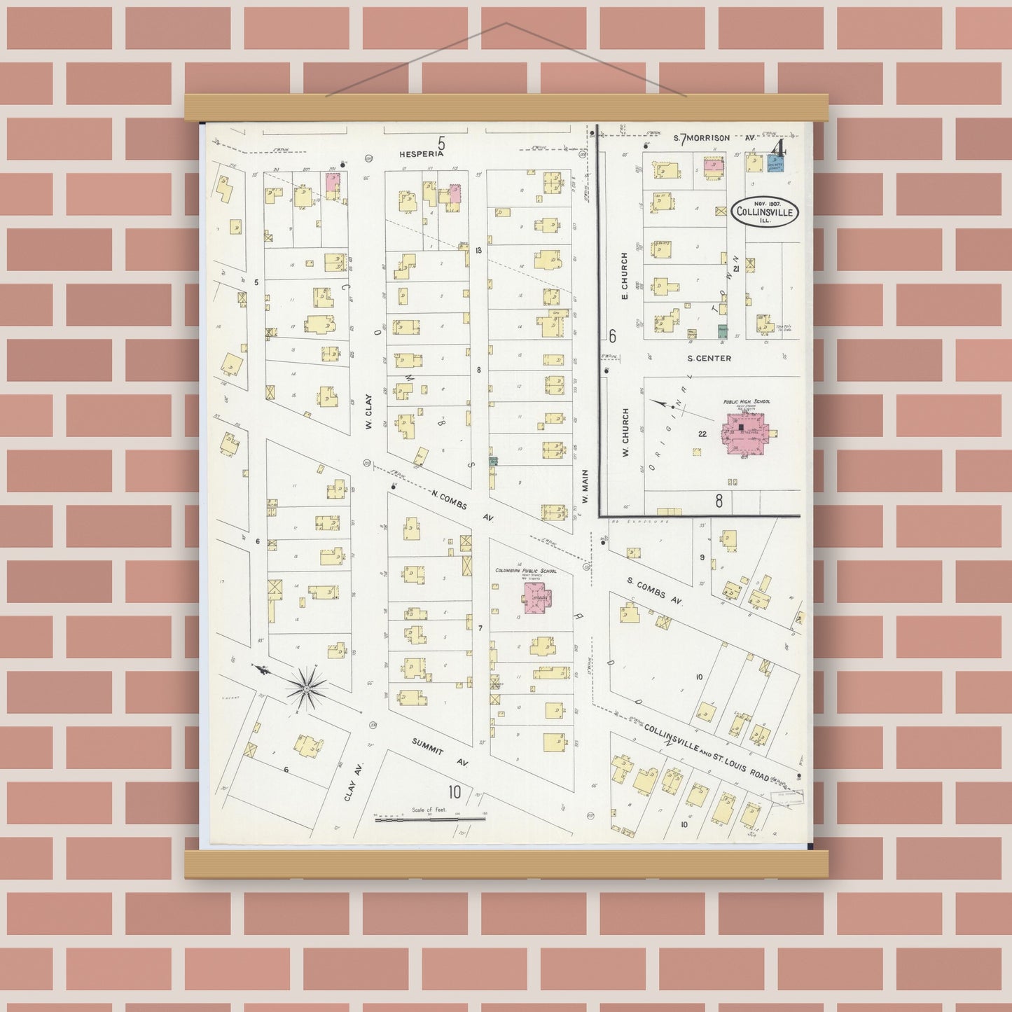 Old map wall art mockup — magnetic wood frame on brick wall — Sanborn Fire Insurance Map from Collinsville, Madison County, Illinois (1907), Sheet #0004