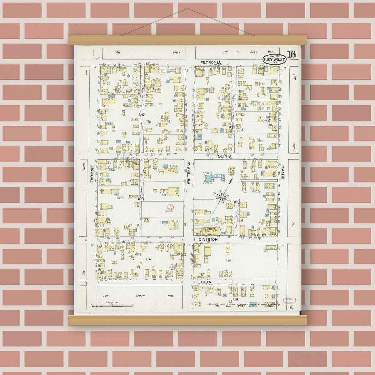 Old map wall art mockup — magnetic wood frame on brick wall — Sanborn Fire Insurance Map from Key West, Monroe County, Florida (1892), Sheet #0016
