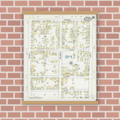 Old map wall art mockup — magnetic wood frame on brick wall — Sanborn Fire Insurance Map from Key West, Monroe County, Florida (1892), Sheet #0016