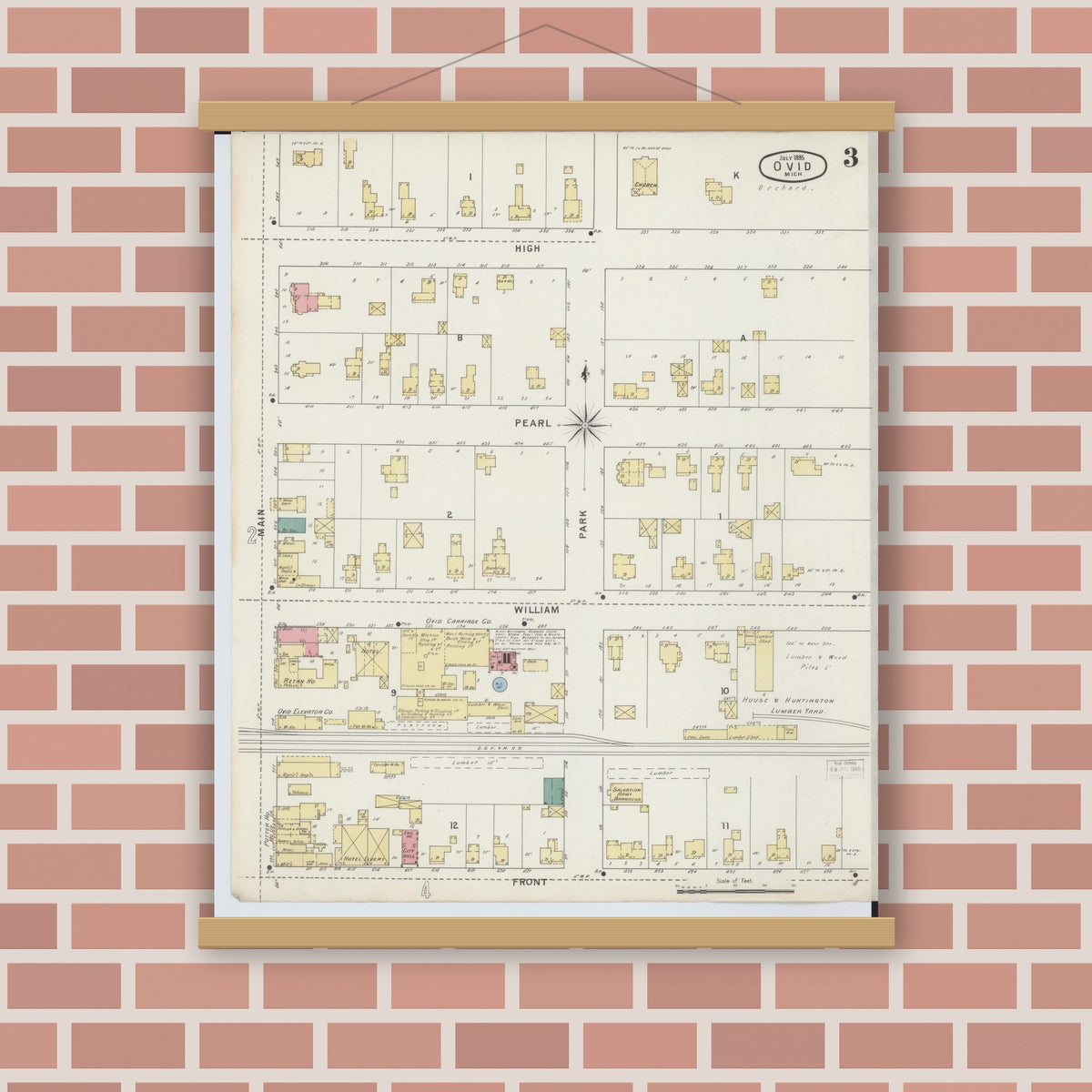 Old map wall art mockup — magnetic wood frame on brick wall — Sanborn Fire Insurance Map from Ovid, Clinton County, Michigan (1895), Sheet #0003